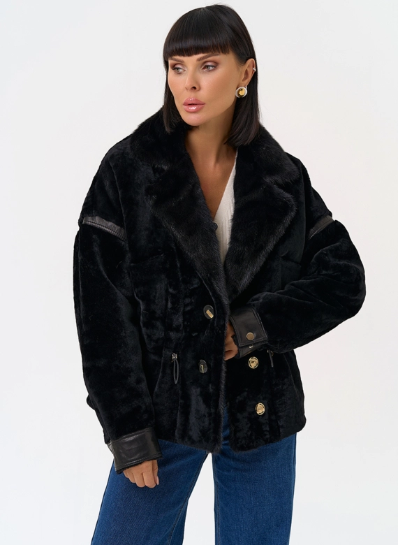 Женская короткая дубленка с английским воротником из меха норки