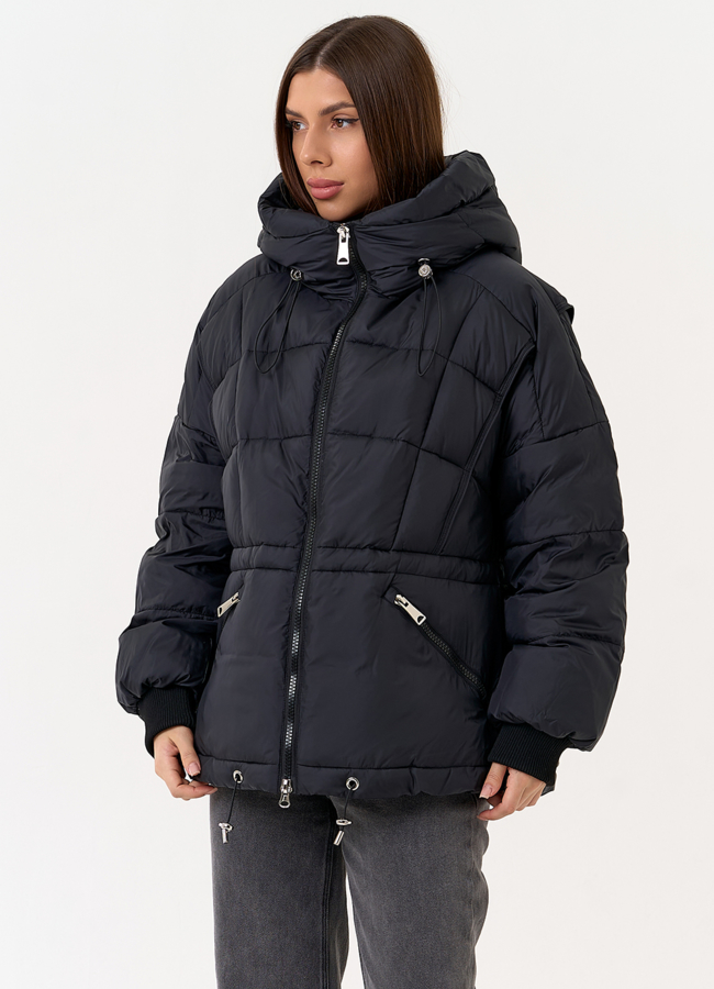 Женский черный пуховик с капюшоном модель № 31582 универмаг малина