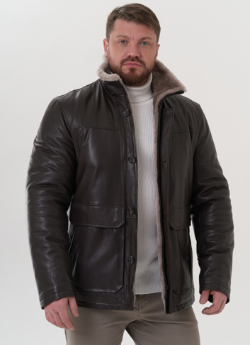 Пуховик из натуральной кожи с капюшоном