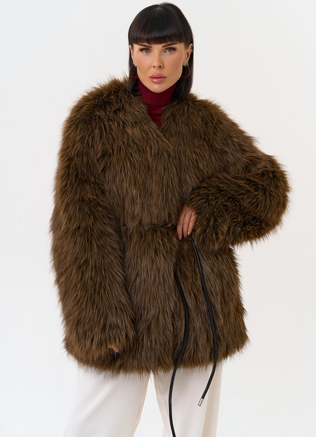 Женская шуба из эко меха с декоративным поясом модель № 31263 меха малина