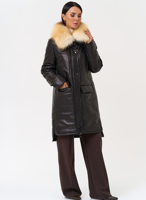 Кожаный пуховик с воротником из лисы