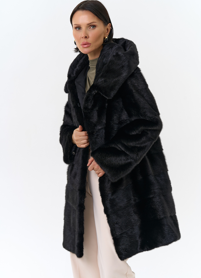 Шуба из норки с капюшоном черного цвета модель № 24727 универмаг малина