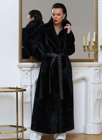 Женская натуральная дубленка с двойным поясом Женская натуральная дубленка с двойным поясом