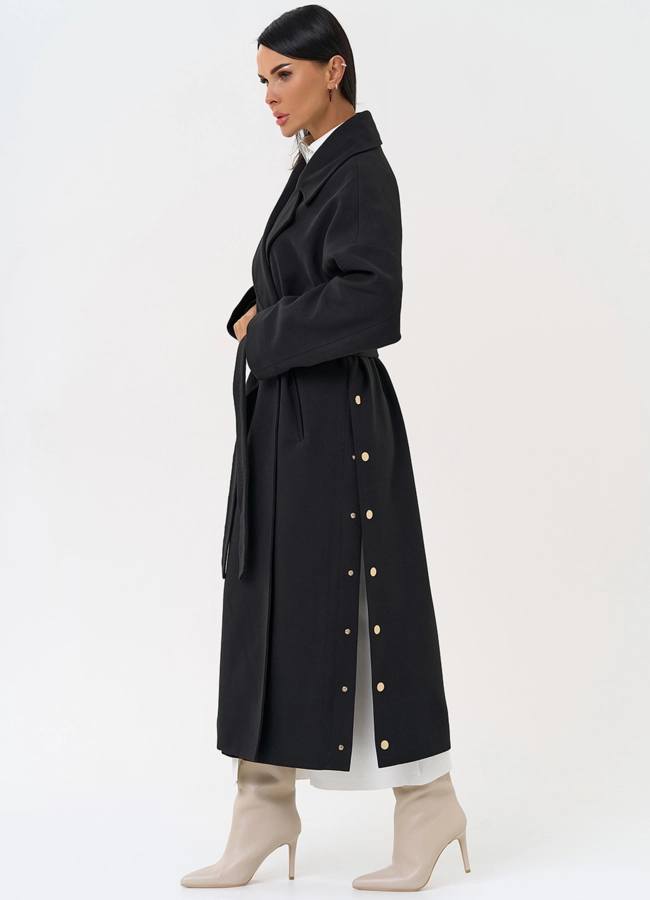 фото Женское пальто черного цвета с функциональными кнопками модель № 31408