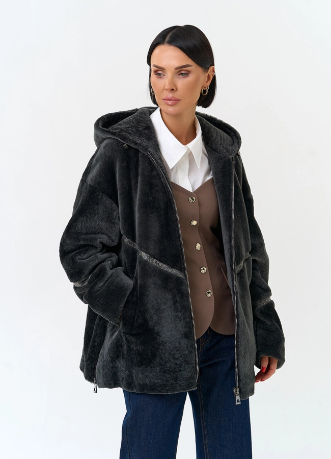 Женская натуральная дубленка с капюшоном модель № 34132 универмаг малина фото