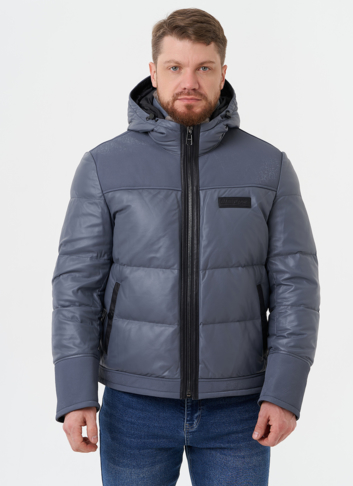 Пуховик из натуральной кожи с капюшоном