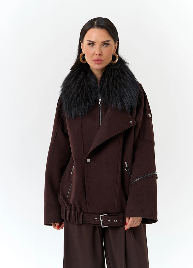 Женское укороченное пальто с отделкой из меха лисы модель № 32781 универмаг малина