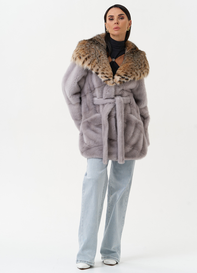 Женская шуба из меха норки с капюшоном из меха рыси модель № 31166 универмаг малина