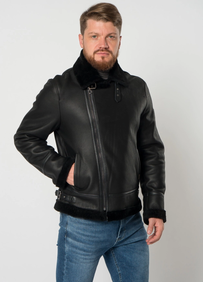 Мужская дубленка косуха в черном цвете модель № 21353 меха малина