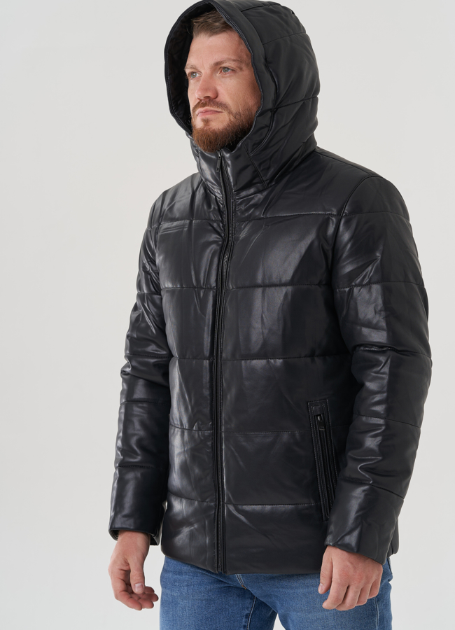 Пуховик мужской из эко кожи с капюшоном  модель № 81843 универмаг малина