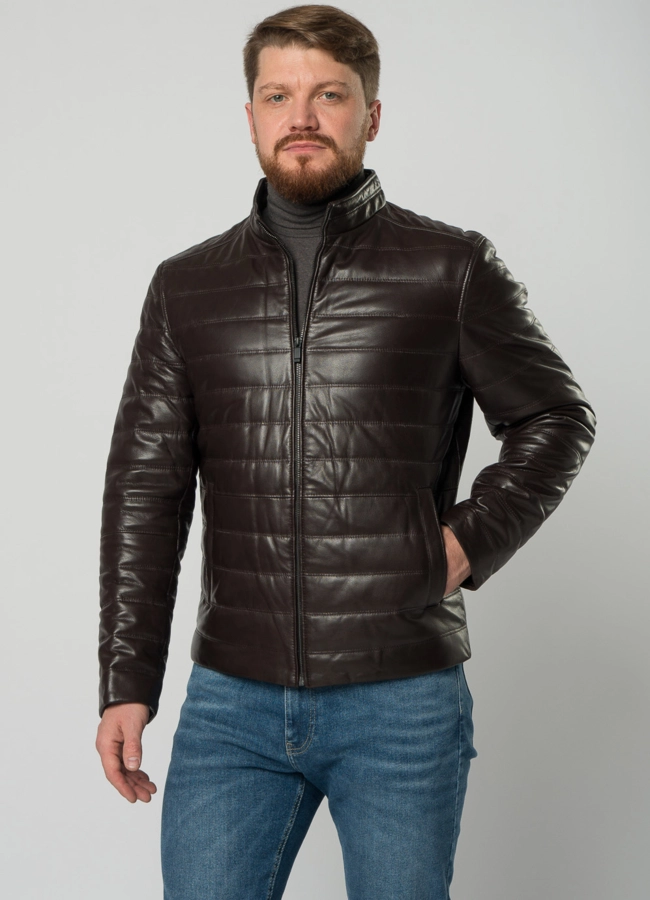 Мужская  утепленная куртка из натуральной кожи коричневого цвета модель № 20551 универмаг малина
