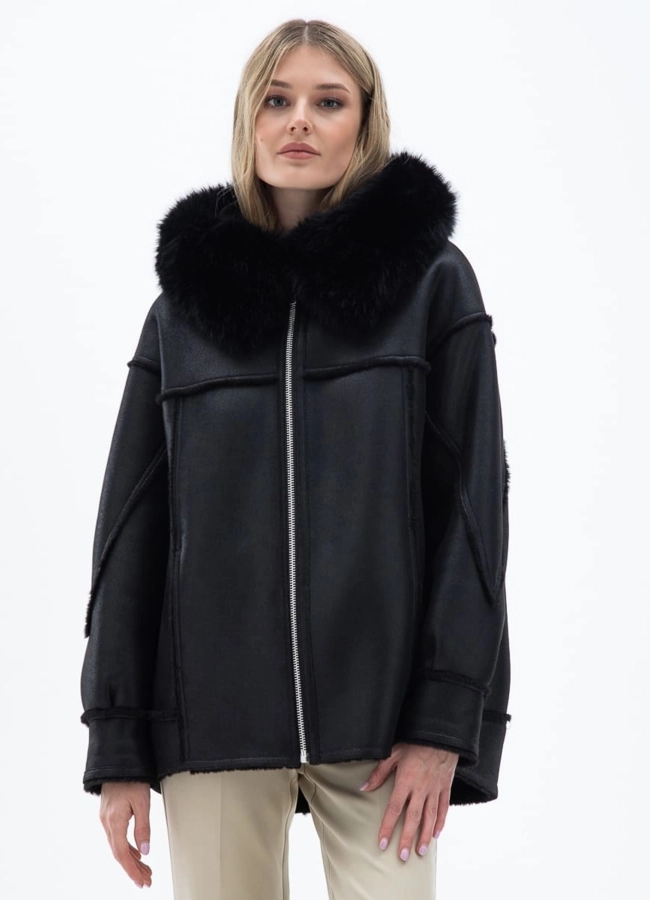 Женская дубленка из эко кожи с капюшоном модель № 32020 универмаг малина
