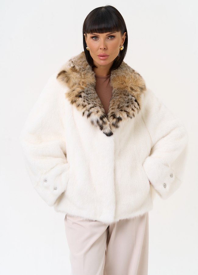 Куртка из меха норки с английским воротником из меха рыси модель № 31340 меха малина