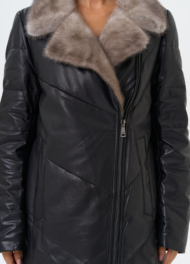 Пуховик из натуральной кожи с воротником из меха норки модель № 31566 в рассрочку