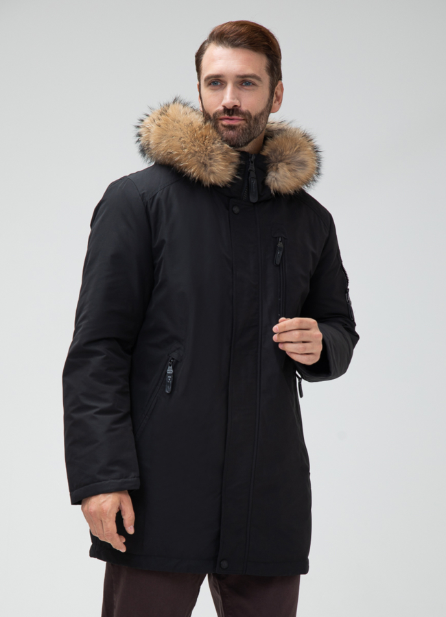 Мужской пуховик с капюшоном из меха енота модель № 28001 универмаг малина