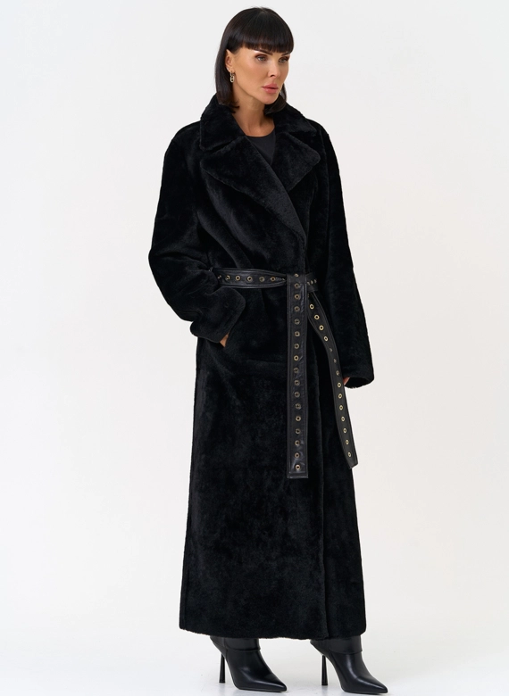 Женская натуральная дубленка с двойным поясом