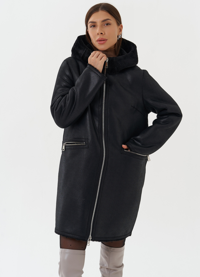 Двухсторонняя дубленка из эко кожи модель № 27765 меха малина