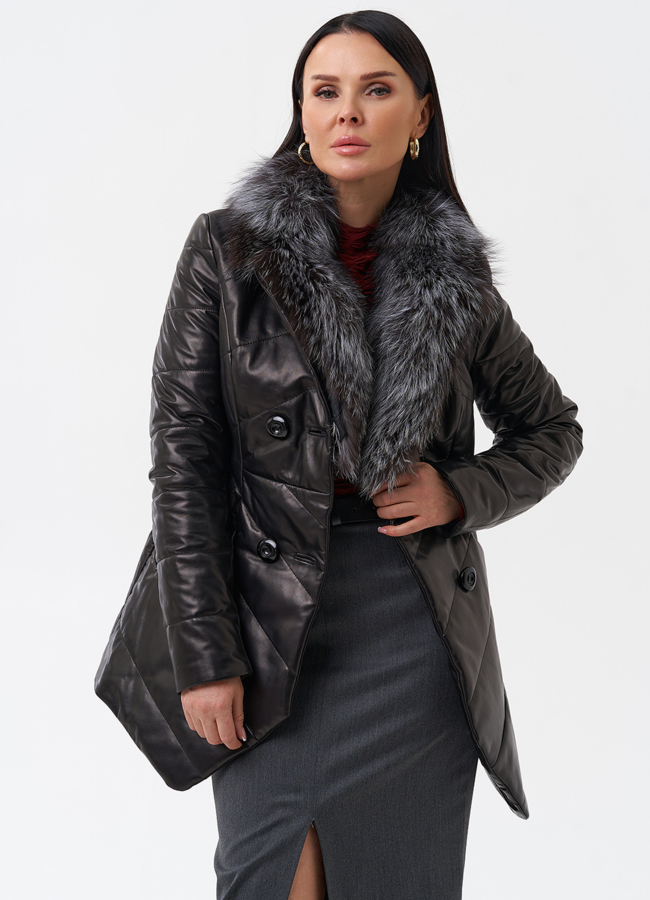 Кожаный пуховик с мехом из чернобурки модель № 29406 универмаг малина