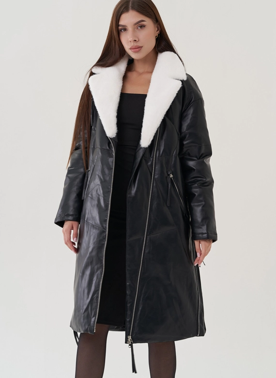 Пуховик женский из эко кожи с английским воротником