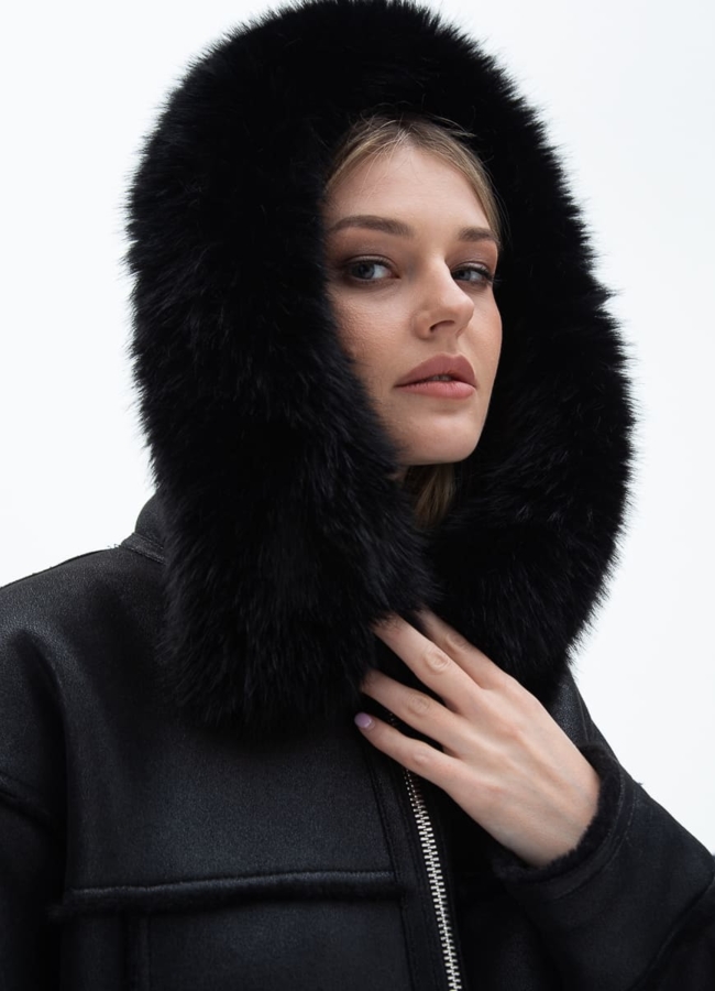 Женская дубленка из эко кожи с капюшоном модель № 32020 универмаг малина