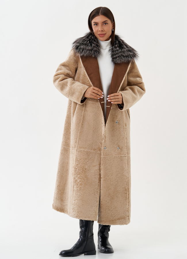 Двухсторонняя дубленка из эко кожи с мехом енота модель № 28562 универмаг малина