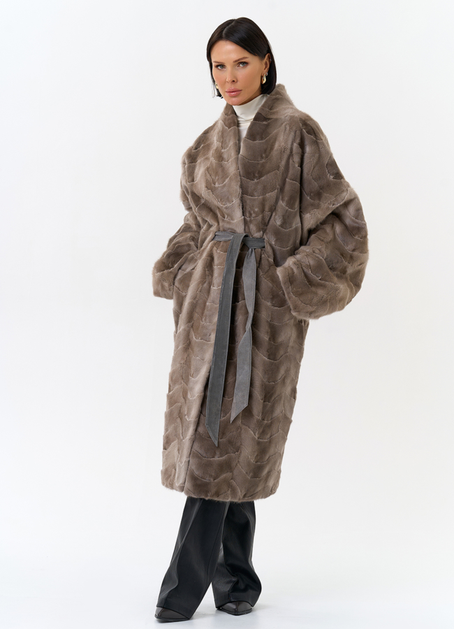 Шуба из меха норки с поясом модель № 31185 универмаг малина