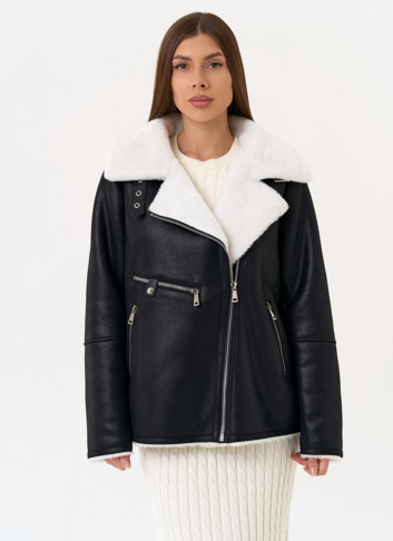 Женская дубленка из эко замши черного цвета